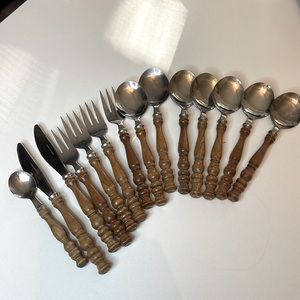 Vintage Cottagecore 14 Piece Stainless Steel Flatware with a wooden handle